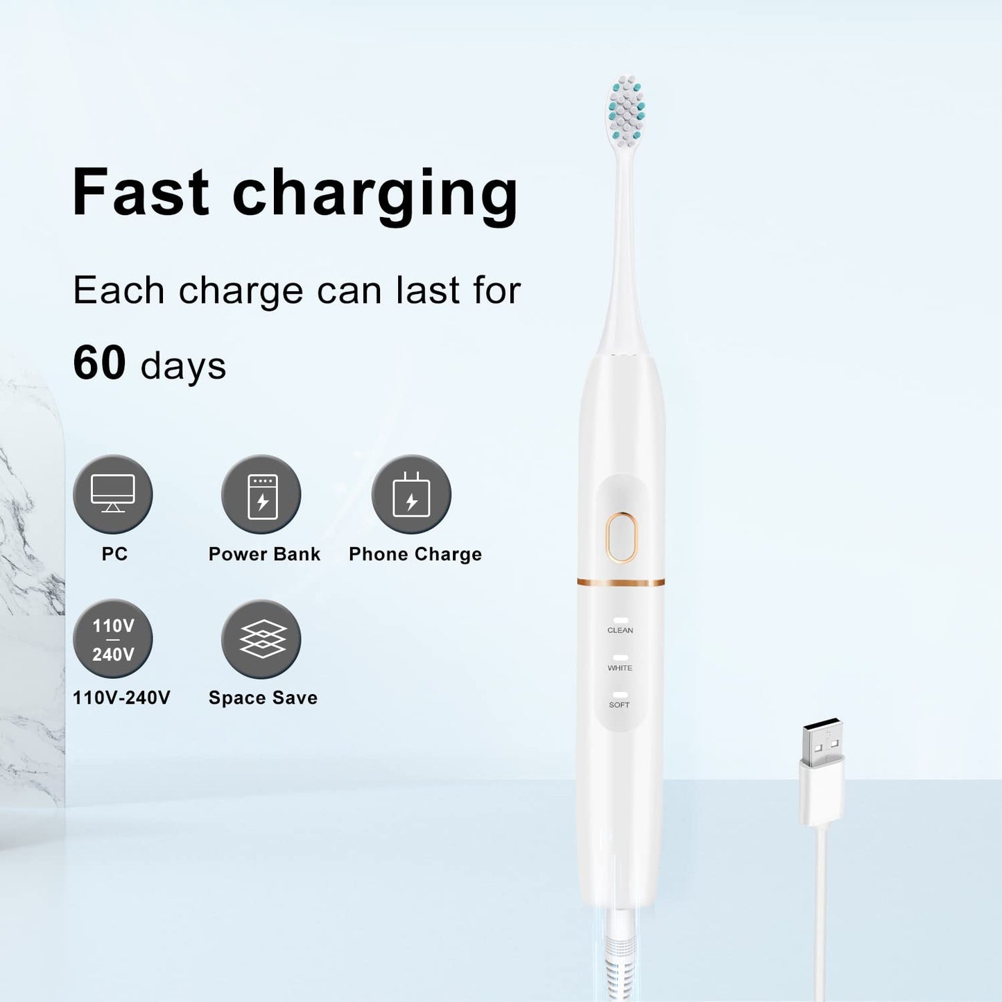Electric Toothbrush Set, Comes with 8 Brush Heads & Travel Case,4 Modes with 2 Minutes Built in Smart Timer, One Charge for 60 Days, 42000 VPM Motor (Black)