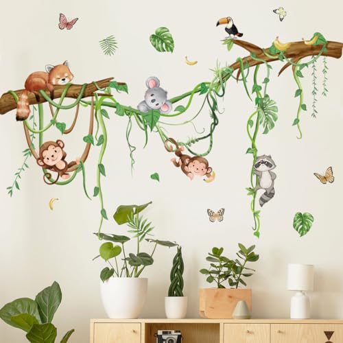 Runtoo Forest Animals Wall Decals Monkey Koala Tree Branch Wall Stickers Nursery Kids Room Classroom Wall Decor