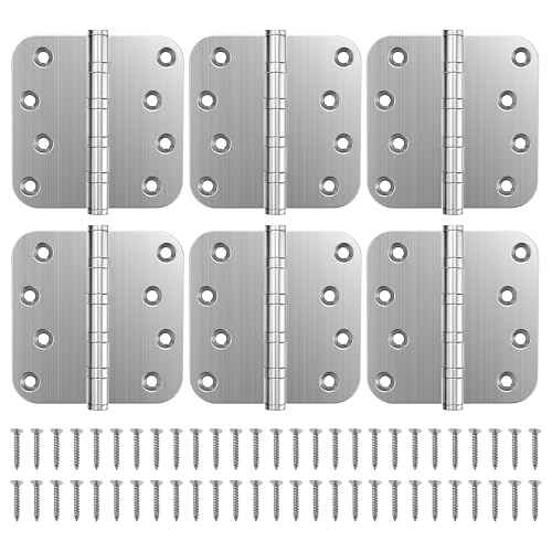 KOLET Ball Bearing Door Hinges, 4 x 4 Inches Door Hinges, 5/8'' Radius Corner Hinges, Heavy Duty Stainless Steel, Smooth and Quiet, Non Removable Pin, Brushed Nickel, 6 Pack