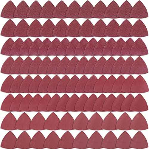 AUSTOR 100 Pieces Triangle Sanding Pads Triangular Sandpaper Sanding Sheets Fit for 3-1/8 Inch Oscillating Multi Tool Hook and Loop Assorted 40/60/80/120/180/240/320/400/600/800/1000 Grits, No Holes