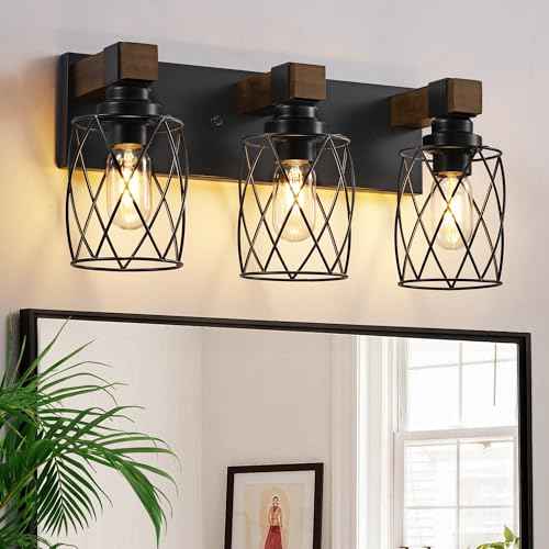 Farmhouse Bathroom Vanity Light, 3-Light Wood Bathroom Light Fixtures Over Mirror, Black Industrial Vanity Lights with Metal Shade, Rustic Bathrooms Lighting for Living Room, Bedroom, Hallway