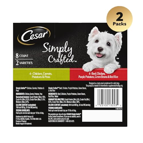Cesar Simply Crafted Adult Wet Dog Food Meal Topper, Chicken, Carrots, Potatoes & Peas and Beef, Chicken, Purple Potatoes, Green Beans & Red Rice Variety Pack, 1.3oz. (8 Count, Pack of 2)