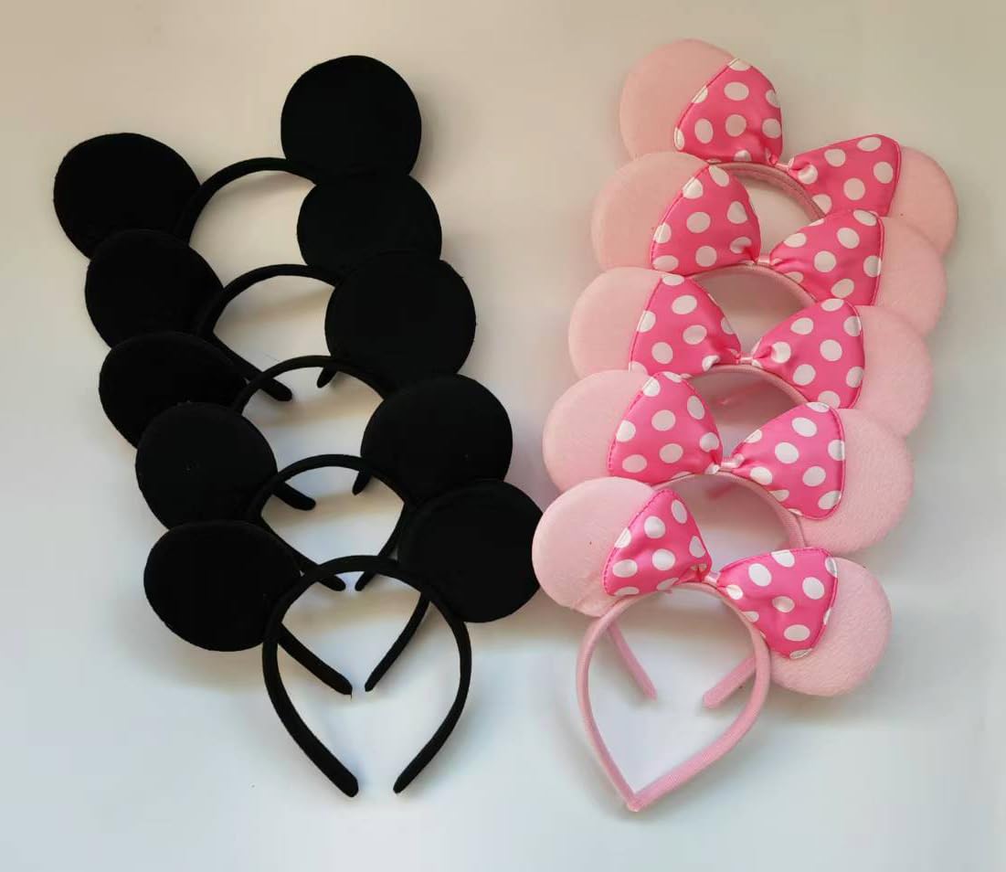 NEWTGAN 20 PCS Mouse Ears Headbands for Birthday Party Theme Park Costume Play Celebration for Boys and Girls (black,pink) (pink black)