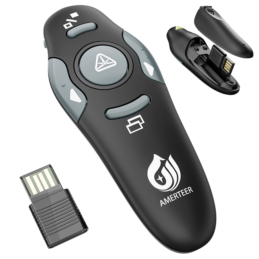 AMERTEER Presentation Clicker Wireless Presenter Remote Clicker for PowerPoint Presentations with Red Pointer, PowerPoint Clicker Slide Advancer for Mac/Windows/Google Slide/PPT.