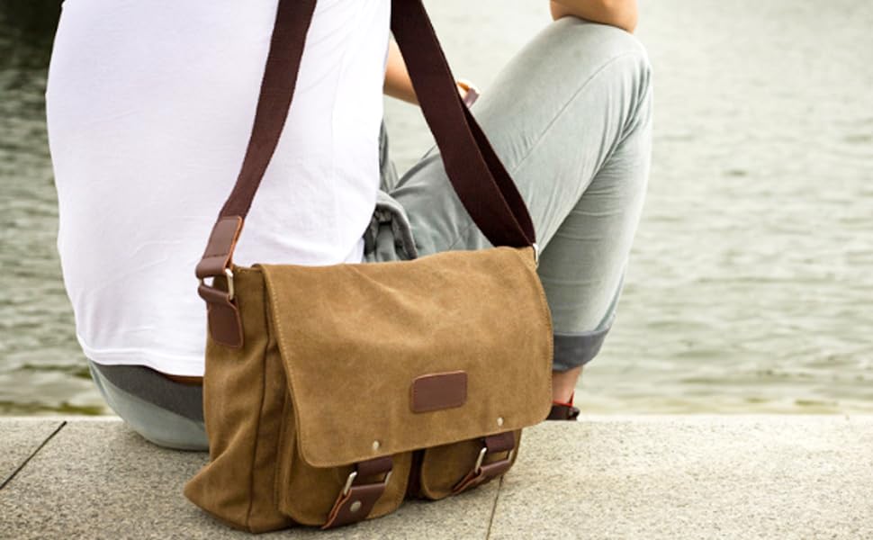 XFLYP Messenger Bag Mens, Men Shoulder Bags Canvas Satchel Cross Body Messenger School Working Satchel Briefcase, with Multiple Pockets for Work, School, Traveling and Daily Use, Brown