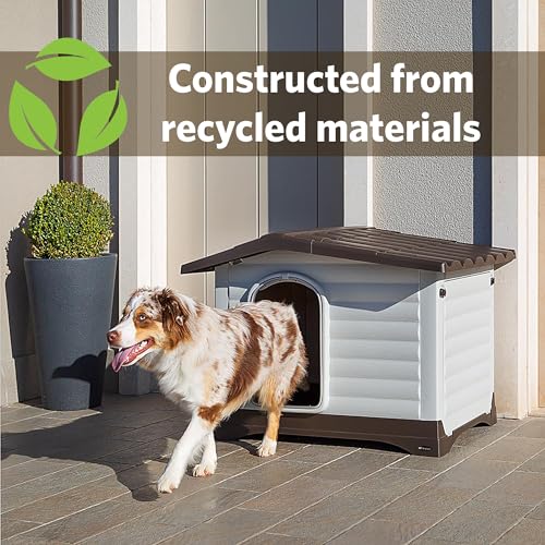 Ferplast Dog Villa Indoor and Outdoor Dog House for Small Dog Breeds, Measures 28.75L x 23.23W x 20.87H Inches, Ventilated with Patented Fold-Out Porch, Cream with Dark Brown Bottom, Part # 87253099