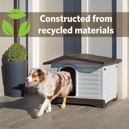 Ferplast Dog Villa Indoor and Outdoor Dog House for Small Dog Breeds, Measures 28.75L x 23.23W x 20.87H Inches, Ventilated with Patented Fold-Out Porch, Cream with Dark Brown Bottom, Part # 87253099