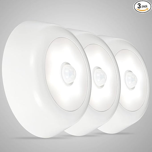 DLLT Battery Powered Motion Sensor Light, Battery Operated LED Ceiling Light with 900LM, Wireless Flush Mount Round Sensor Lighting for Closet Stair Hallway Shower Shed Garage Pantry, (5000K, 3-Pack)