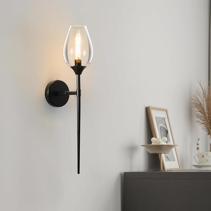 Black Glass Wall Sconce Light: Modern Decorative Sconces Lights Over Mirror - Vintage Brushed Brass Bathroom Vanity Lighting with Flower Shade - Indoor Glass Wall Mount Lamp for Bedroom Living Room