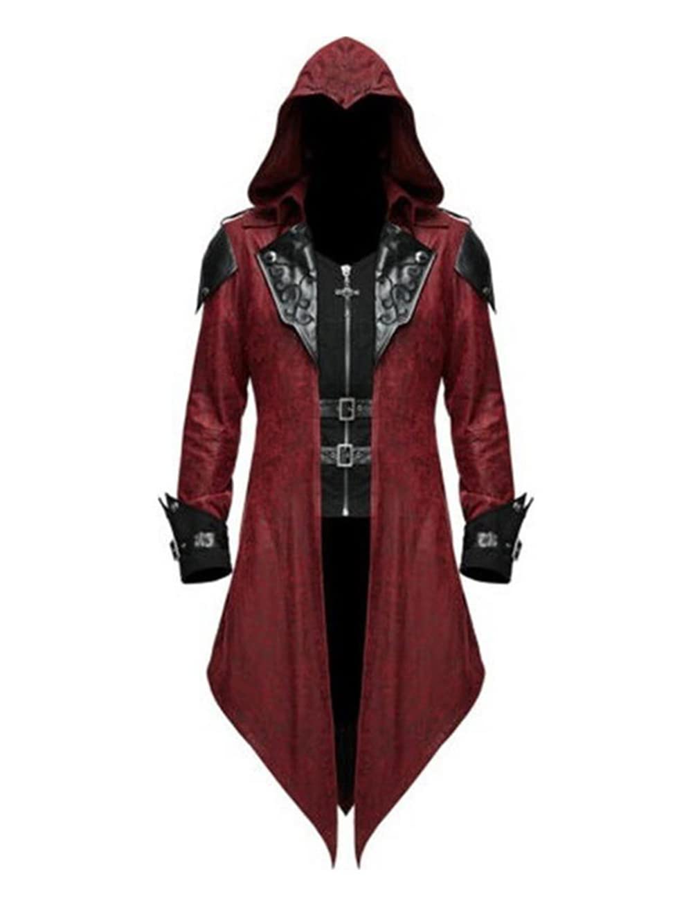 Medieval Renaissance Costume for Men Vampire Viking Trench Steampunk Gothic Coat Halloween Cosplay Party Outfits (X-Large, Burgundy)