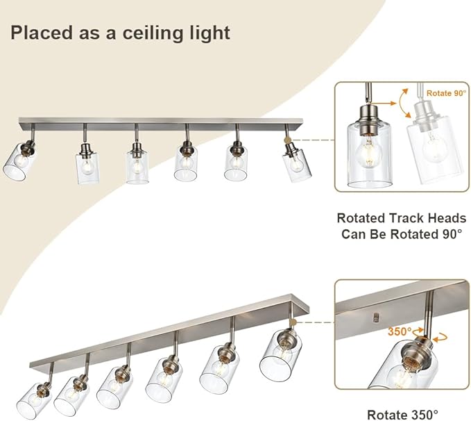 6 Light VINLUZ Bathroom Light Fixtures Classic Vanity Lighting Black Multi-Directional Rotating Metal Ceiling Spotlight with Adjustable Track Heads with Clear Shade