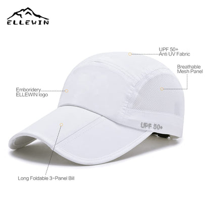 ELLEWIN Men's Baseball Cap UPF50 Hat W/Foldable Long Large Bill,One Size,White