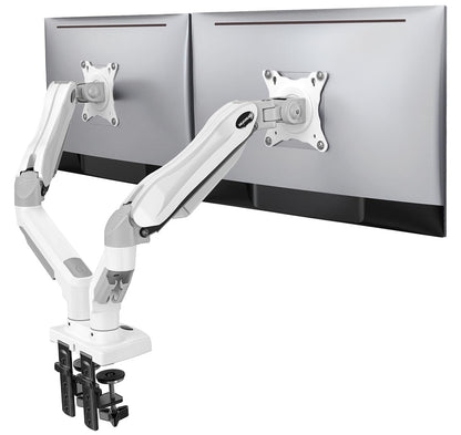 HUANUO Dual Monitor Stand - Full Adjustable Monitor Desk Mount Swivel Vesa Bracket with C Clamp, Grommet Mounting Base for 13 to 32 Inch Computer Screens - Each Arm Holds 4.4 to 19.8lbs - White
