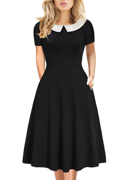 Halloween Dresses for Women Vintage Peter Pan Collar Work Elegant Fit and Flare Knee Length A Line Casual Party Dress with Pockets 978 (Black White, XL)