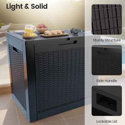 31 Gallon Outdoor Storage Box - Waterproof Resin Rattan Deck Bin for Indoor & Outdoor Use - Lockable & UV Resistant - Ideal for Package Delivery, Patio Cushions & Gardening Tools, Black