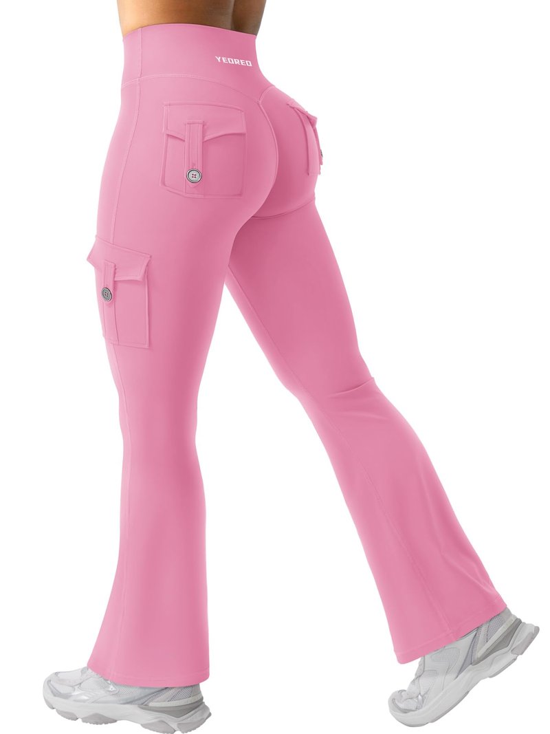 YEOREO CoreFlex Women Workout Flare Leggings with Pockets Scrunch Cargo Gym Yoga Leggings Pink M