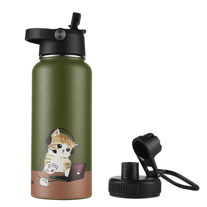 Funkrin Insulated Water Bottle with Straw Lid & Spout Lid, 32oz Personalized Vacuum Stainless Steel Travel Mug, Leak Proof Double Wall Bottle for Hot & Cold Beverages