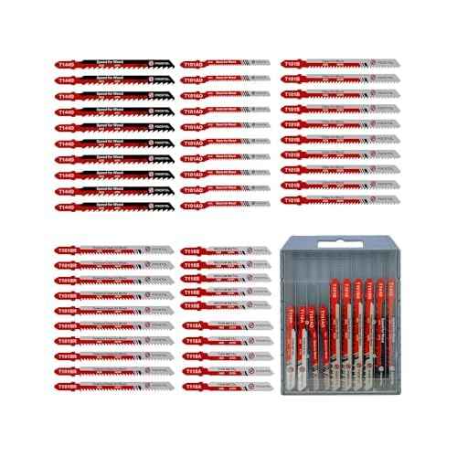 50PCS T-Shank Jigsaw Blades Set - FOCSTOL HSS/HCS Jig Saw Blades for Cutting Metal, Wood and Plastic (T118A,T118B,T101AO,T101B,T101BR,T144D)