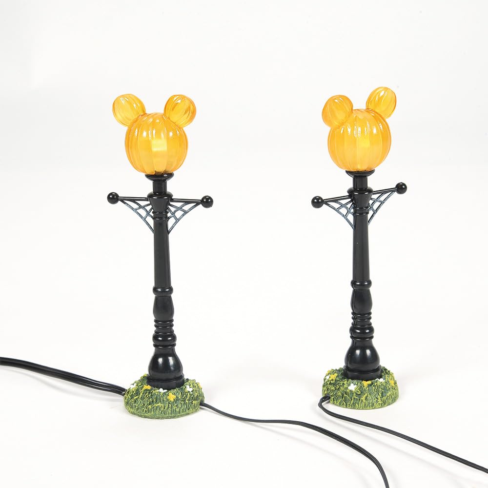 Department 56 Disney Village Halloween Accessories Pumpkintown Mickey Mouse Street Lights Lit Figurine Set, 4.625 Inch, Multicolor