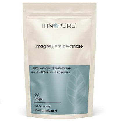 INNOPURE Magnesium Glycinate - 90 Capsules - Bioavailable Magnesium Supplements - 1000mg Per Serving (2 Capsules) Providing 200mg of Elemental Magnesium Bisglycinate Powder - Made in The UK