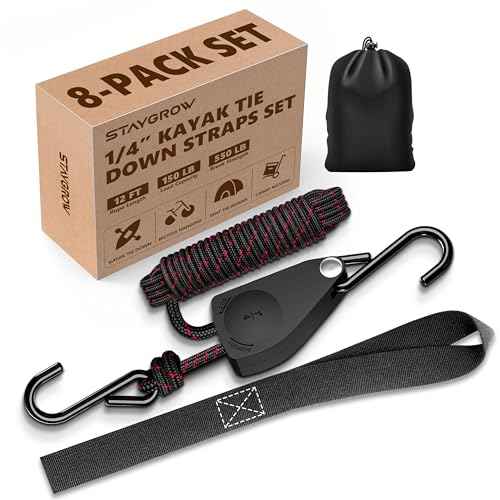Kayak Straps Tie Downs 8 Pack Set, Roof Rack Straps Adjustable Ratchet Tie Down Straps with Lock S Hooks, 1/4 Inch 12 Feet Ratchet Straps for Small Cargo, Kayak-Soft Loops, Packing, Camping Gear