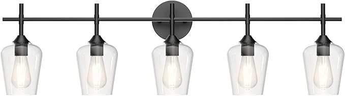 Ralbay Vintage Black Bathroom Vanity Light 5-Lights Industrial Matte Black Finish with Clear Glass Vanity Lights Farmhouse Bathroom Lighting fixtures