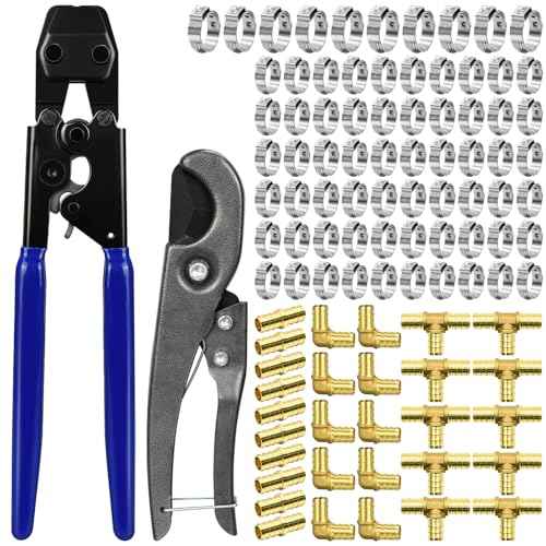 PEX Cinch Clamp Tool Kit, 3/8" to 1" PEX Pipe Clamp Cinch Tool with 30 pcs 1/2" Brass PEX Fittings Combo, 1pcs Pipe Cutter, 70 pcs 1/2" PEX Cinch Clamps, 10pcs 3/4" PEX Cinch Clamps