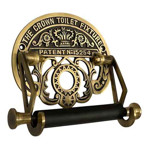 STYLENT Decor Brass Wall Mount Toilet Paper Holder 7.25" Wide Vintage Crown Style Solid Easy Install Toilet Tissue Paper Holders with Wooden Roll for Bathroom (Antique Brass Finish)