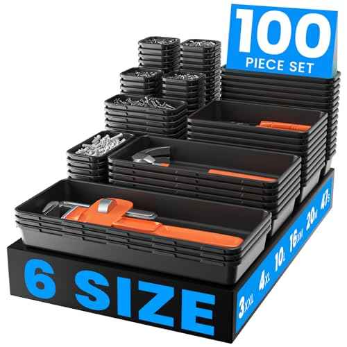 ¡¼Fits 100+ Tools¡½A-LUGEI¡¼100-Piece 6-Size¡½Tool Organizer Tray Set - Black Plastic Drawer Dividers for Garage Cabinets, Rolling Tool Chests, Workbenches & Office Storage