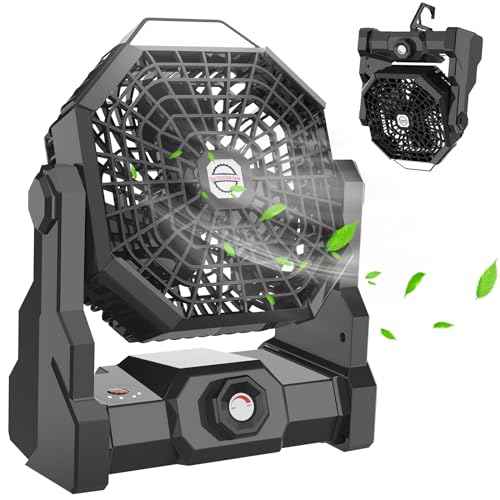 Camping Fan Rechargeable, 10400mAh Portable Battery Operated Camping Fan for Tents, Hangable USB Silent Camping Fans with LED Lantern, Suitable for Fishing, Camping, Bedroom, Workplace (Black)