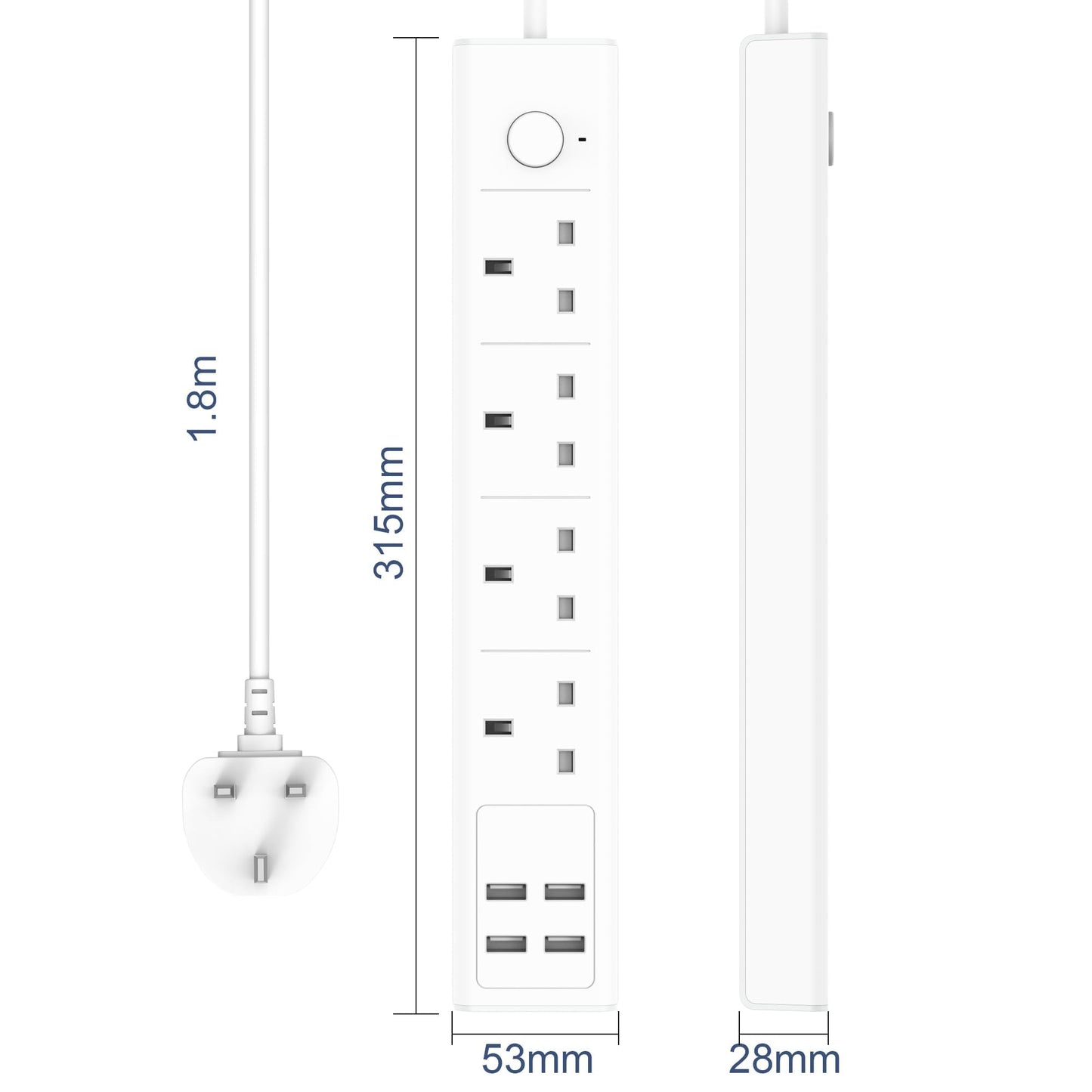 TICCOLO Extension Lead with USB Slots, 4 Way Sockets Outlets 4 USB Ports, 13A/3250W 1.8M Extention Cable with Switch Surge Protected Power Strips, UK Multi Plug Adapter Electrical Cords