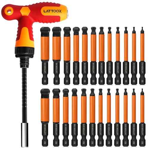 Ball End Hex Head Allen Wrench Drill Bit Set with T Handle Ratchet Driver, 24PCS Metric & SAE Ball End Hex Bit Set Allen Key Bit Set Hex Key Drill Bit Set with T Handle, S2 Steel, 2.5'' Long