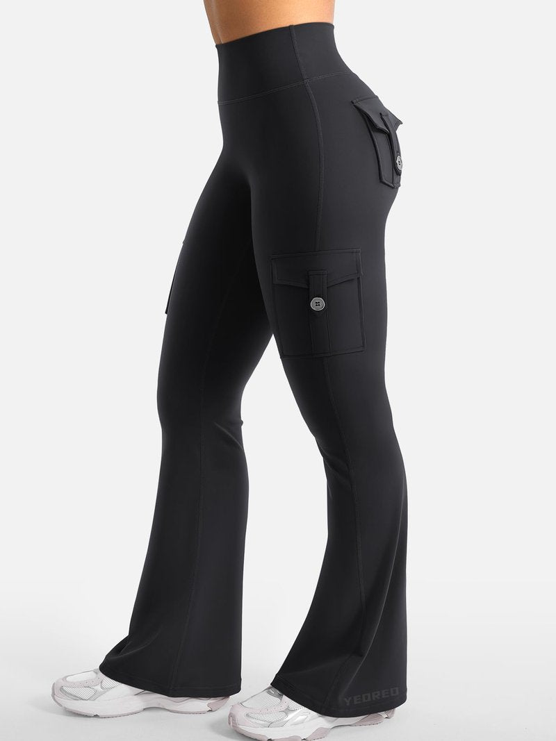 YEOREO CoreFlex Women Workout Flare Leggings with Pockets Hidden Scrunch High Waisted Cargo Gym Yoga Leggings Black XL