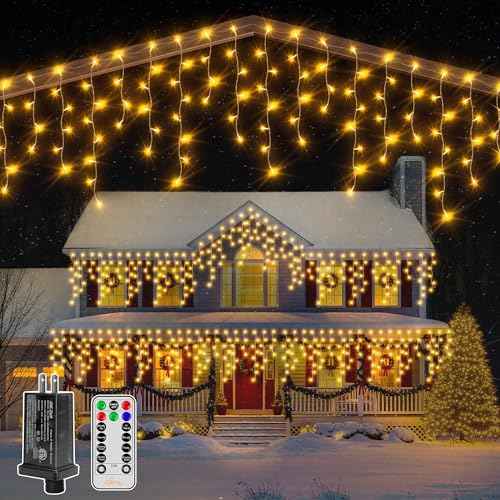 Ollny Icicle Lights for Outside 1000LED 82FT, Warm White Christmas Light with Remote 8Modes Timers Waterproof Dimmable, Plug in Hanging Lights for Outdoor Indoor House Roof Holiday