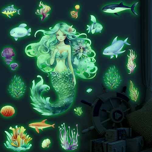 Mermaid Wall Decals Glow in The Dark Mermaid Wall Stickers Glow in The Dark Under The Sea Wall Decals for Kids Baby Bedroom Nursery Classroom Bathroom Mirror Decor
