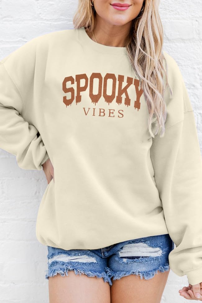BANGELY Oversized Halloween Sweatshirt Women Vintage Spooky Season Pullover Top Spooky Vibes Letter Print Long Sleeve Shirt Beige