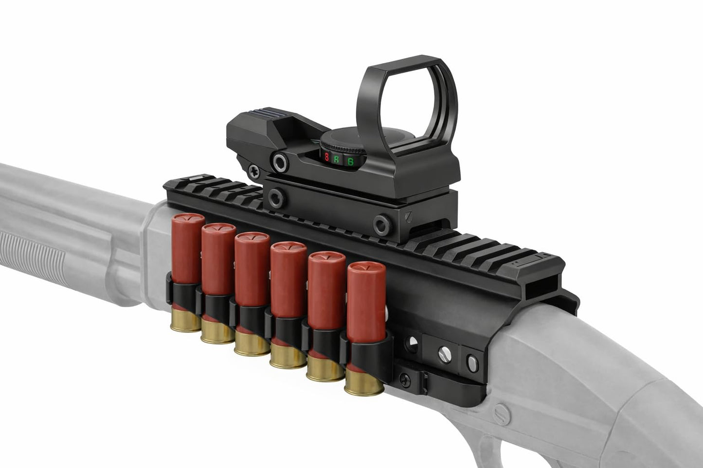 Combo of 2 | Side Saddle Shutgun Shell Holder V2 & Reflex Sight Red Green Reticles with Weaver Picatinny Rail Mount, Compatible with Mossberg 500/590/Shockwave Series Shutguns