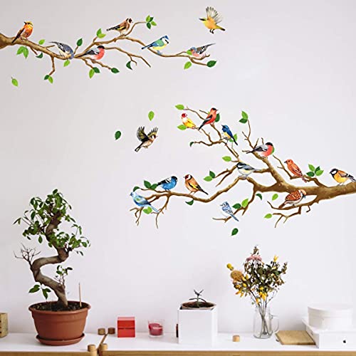 Birds Wall Decal Peel and Stick Decoration - DIY Nature Stickers, Over The Garden Wall, Colorful Humming Birds On Tree Branches