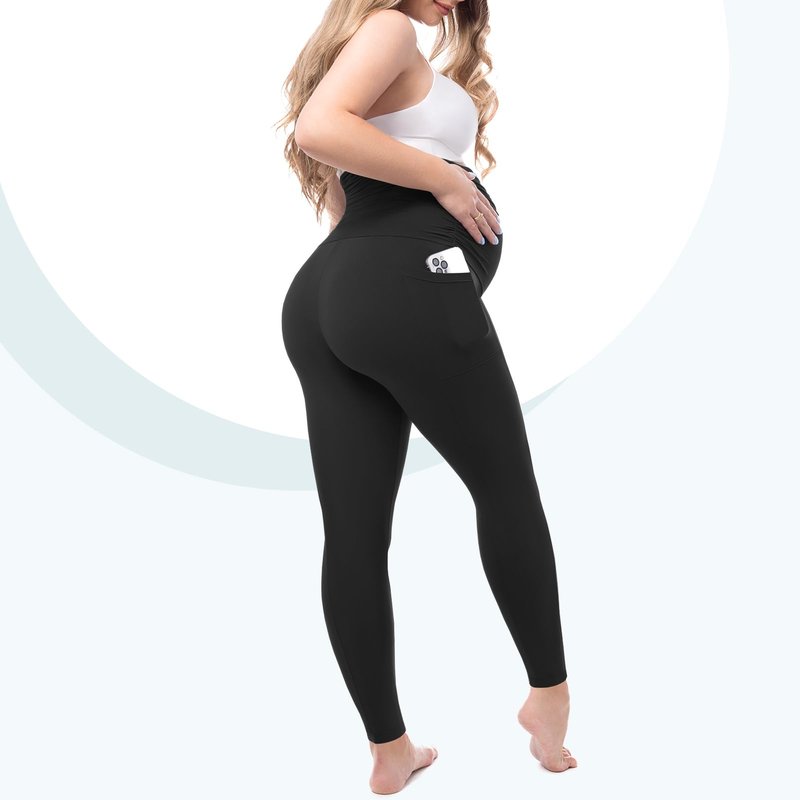 Leafigure Womens Maternity Leggings with Pockets, Pregnancy Buttery Soft Yoga Workout Pants Black Large
