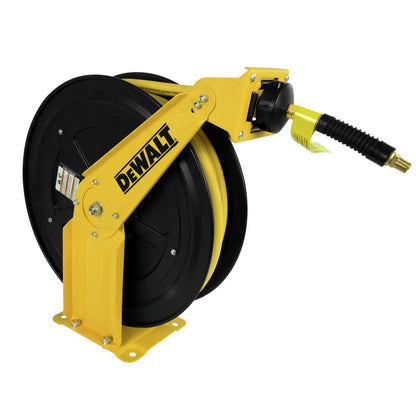 DEWALT Retractable Air Hose Reel 50ft, Wall or Truck Bed Mounted Usable for Pnuematic Air Tools for Mechanics, Garage, At Home and More: Double Arm Construction, 3/8in x 50ft Hose