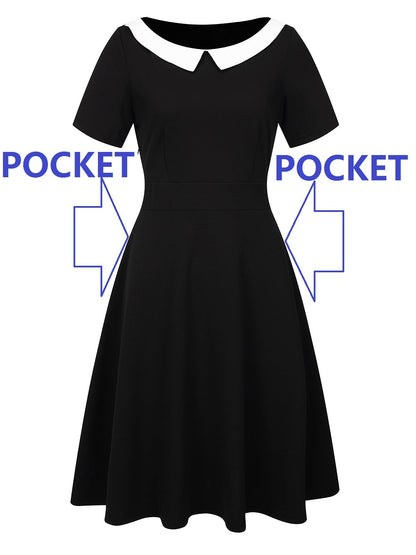 Halloween Dresses for Women Vintage Peter Pan Collar Work Elegant Fit and Flare Knee Length A Line Casual Party Dress with Pockets 978 (Black White, XL)