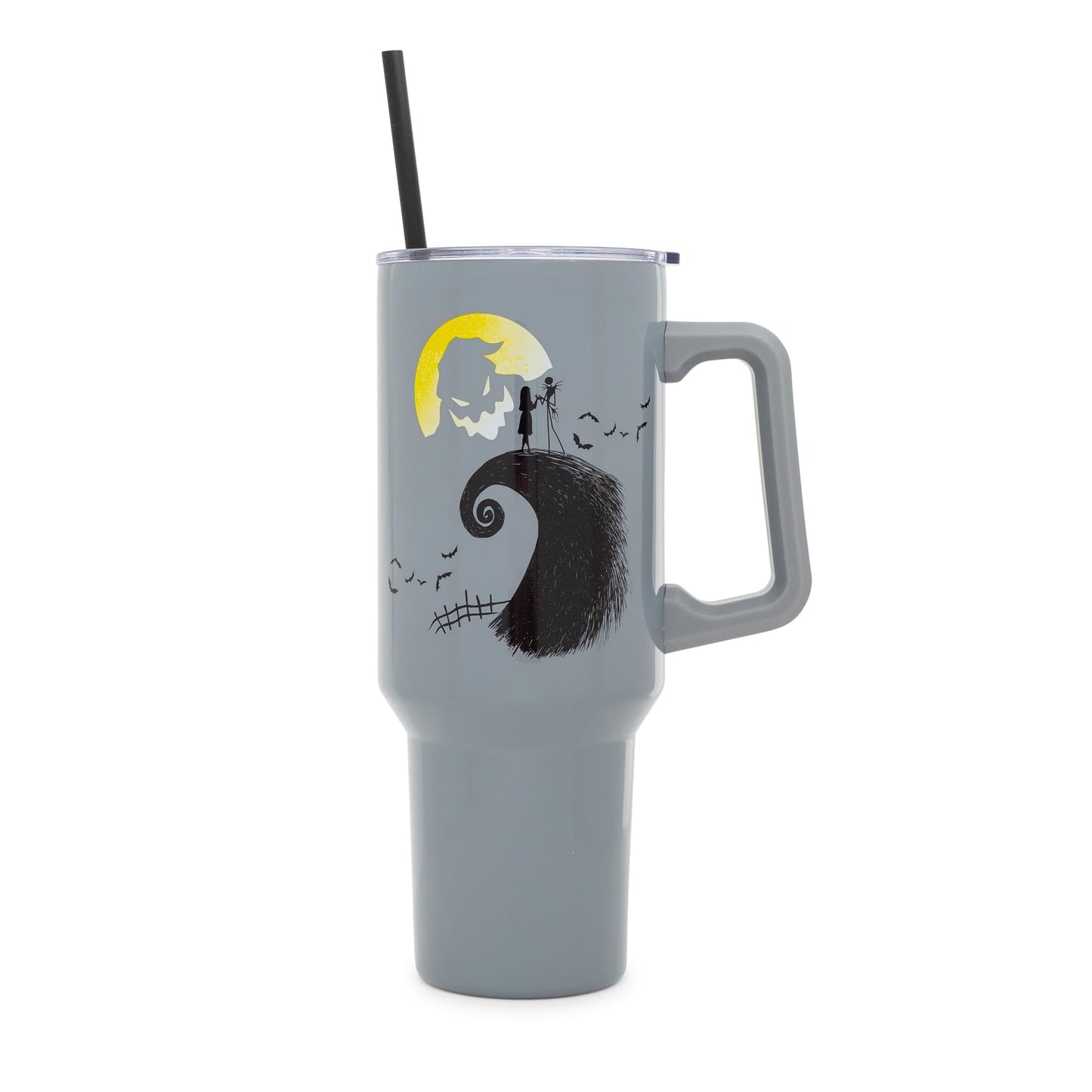 Silver Buffalo Disney Nightmare Before Christmas Featuring Oogie Boogie, Jack Skellington, and Sally Stainless Steel Tumbler with Handle and Straw, Fits in Standard Cup Holder, 40 Ounces
