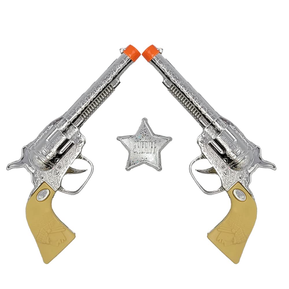 The Dreidel Company Kids Cowboy Toy Gun Holster & Belt 9 Piece Set. 2 Toy Pistols, 1 Sheriff Badge, 2 Gun Holsters & 3 Play Bullets, 1 Old Western Action Belt for Sheriff - Adjustable for Halloween