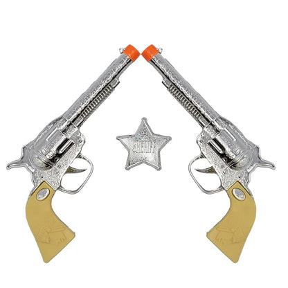 The Dreidel Company Kids Cowboy Toy Gun Holster & Belt 9 Piece Set. 2 Toy Pistols, 1 Sheriff Badge, 2 Gun Holsters & 3 Play Bullets, 1 Old Western Action Belt for Sheriff - Adjustable for Halloween