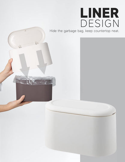 MONGTINGLU Mini Trash Can with Lid Removable Small Garbage Can, Tiny Plastic Trash Bin, Pop Up Countertop Wastebasket, Counter Garbage Lint Bin for Bathroom,Office,Kitchen,Desk(White)