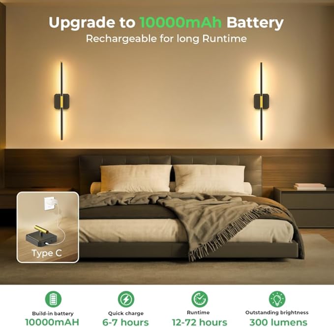 10000mAh Detachable Battery Operated Wall Sconce Set of 2, Wireless Wall Lamp 360°Rotate, 3000-6500K Dimmable, Rechargeable Modern Wall Light for Bedroom, Living Room，28.3" Black Gold