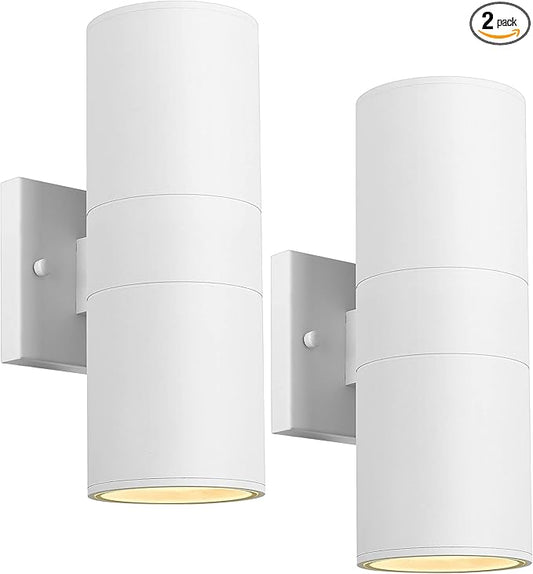 Ken & Ricky White Outdoor Wall Lights,Exterior Sconces Wall Lighting with Tempered Glass Cover,Cylinder Outside Light for House Porch Garage Front Door - 2 Pack