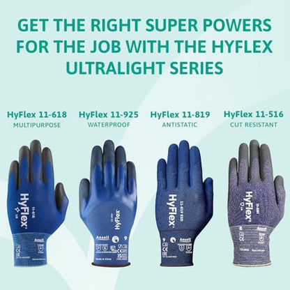 Ansell HyFlex 11-618 Mechanics Gloves, Abrasion-Resistant PU Coating Protective Gloves, Safety Gloves for Precision Handling, Touchscreen Compatible Blue Gloves, Ultra-Thin Work Gloves Large, 12 Pairs