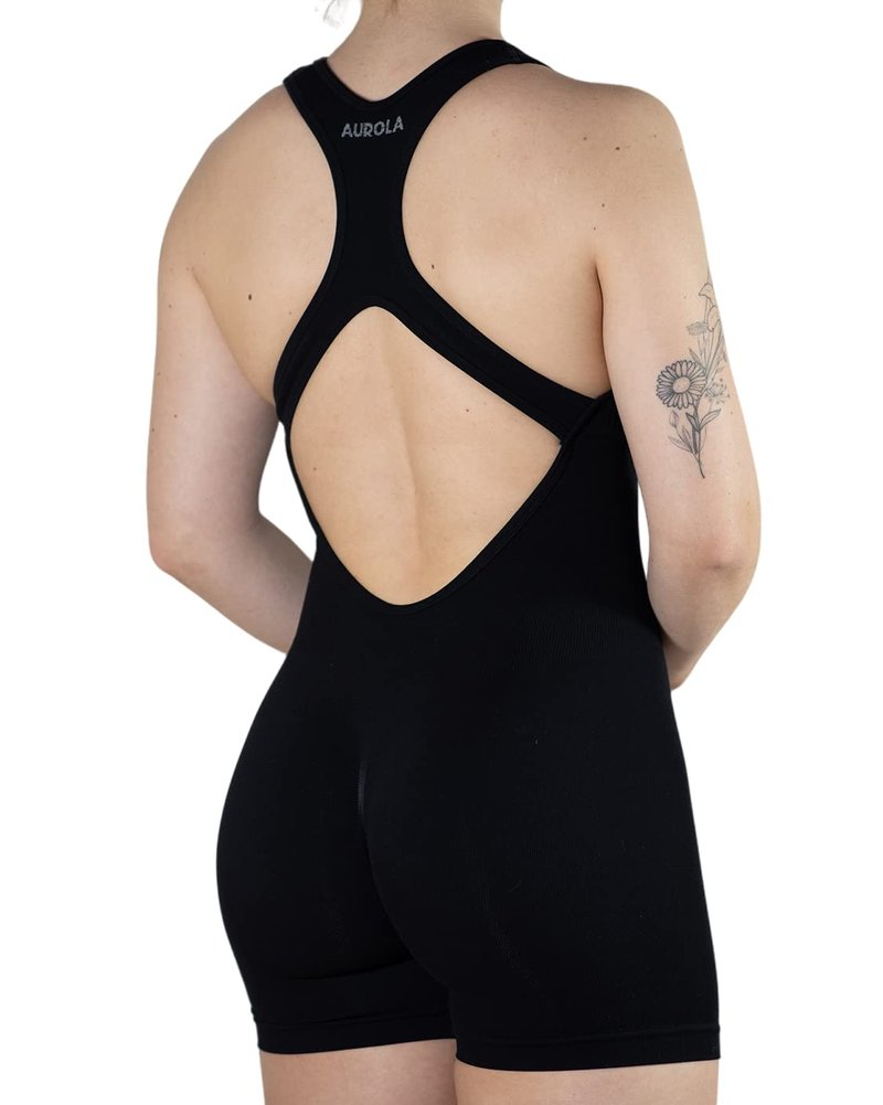 AUROLA Power Romper for Women Workout Yoga Gym Seamless One Piece Racerback Jumpsuit Tummy Control Padded Sports Bra,Black,M