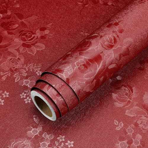 LaCheery Burgundy Floral Wallpaper Peel and Stick Vintage Embossed Rose Wallpaper for Bedroom Accent Wall Paper Dark Red Floral Contact Paper for Cabinets Drawers Shelves Bathroom Walls Roll 15.8"x80"